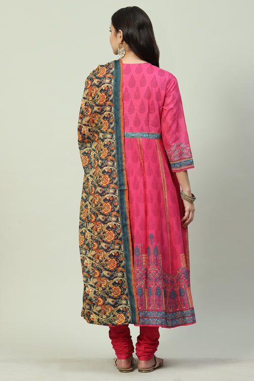 Fuschia Cotton Anarkali Kurta Churidar Suit Set
