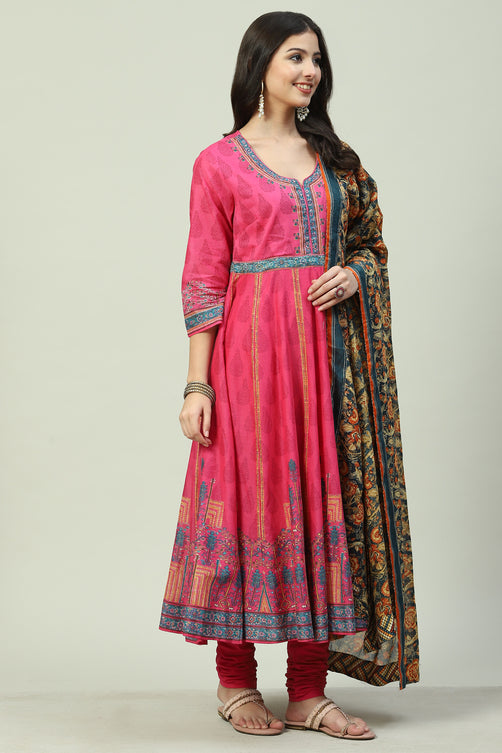 Fuschia Cotton Anarkali Kurta Churidar Suit Set
