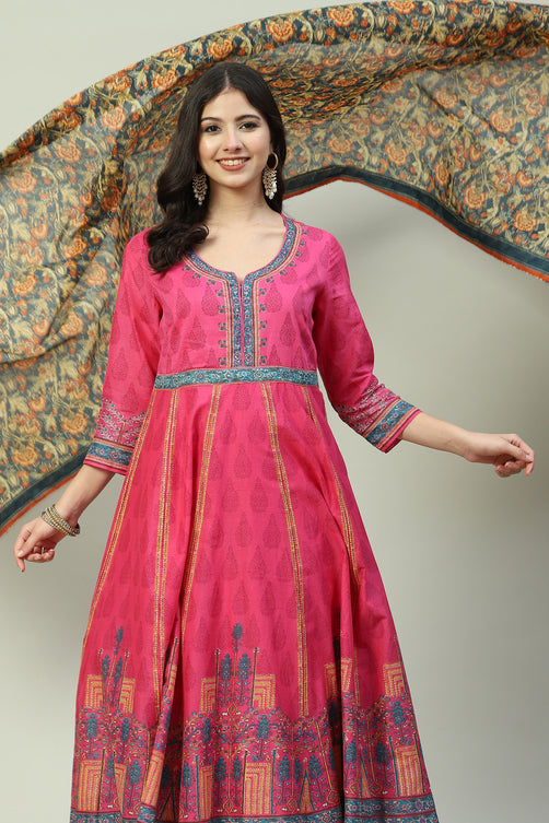 Fuschia Cotton Anarkali Kurta Churidar Suit Set