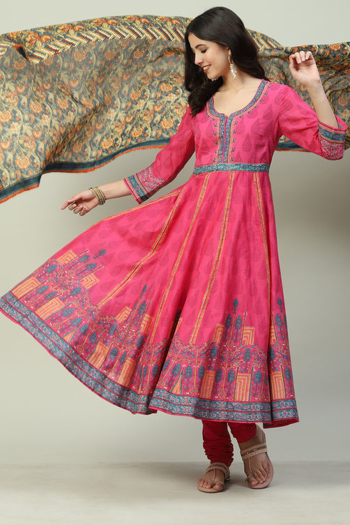 Fuschia Cotton Anarkali Kurta Churidar Suit Set