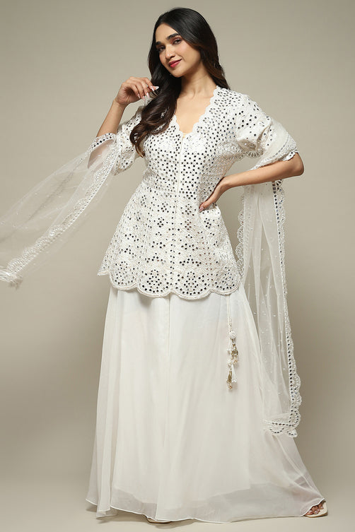 Off White Polyester Short Kurta Sharara Suit Set