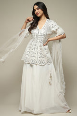 Off White Polyester Short Kurta Sharara Suit Set