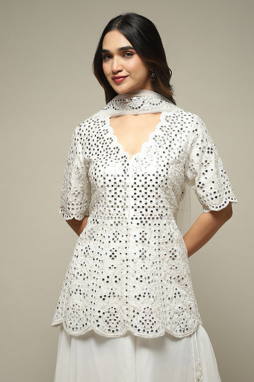 Off White Polyester Short Kurta Sharara Suit Set