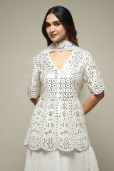 Off White Polyester Short Kurta Sharara Suit Set