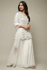 Off White Polyester Short Kurta Sharara Suit Set