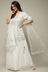 Off White Polyester Short Kurta Sharara Suit Set