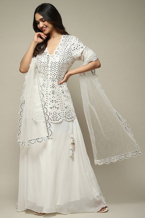 Off White Polyester Short Kurta Sharara Suit Set