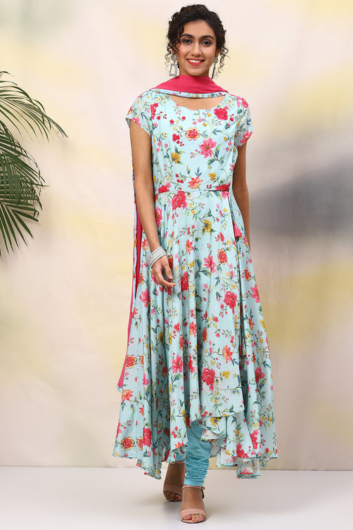 Polyester Anarkali Kurta Churidar Suit Set with Dupatta