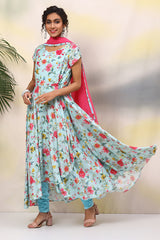 Polyester Anarkali Kurta Churidar Suit Set with Dupatta