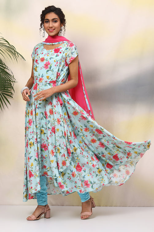 Polyester Anarkali Kurta Churidar Suit Set with Dupatta