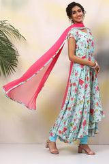 Polyester Anarkali Kurta Churidar Suit Set with Dupatta