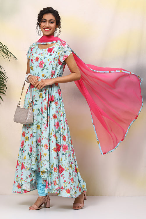 Polyester Anarkali Kurta Churidar Suit Set with Dupatta