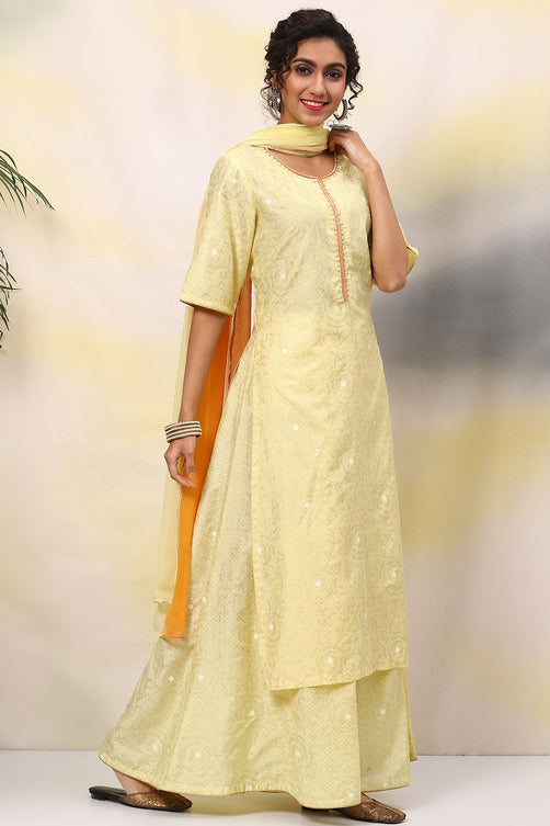 Woven Polyester Straight Kurta Sharara Set with Dupatta