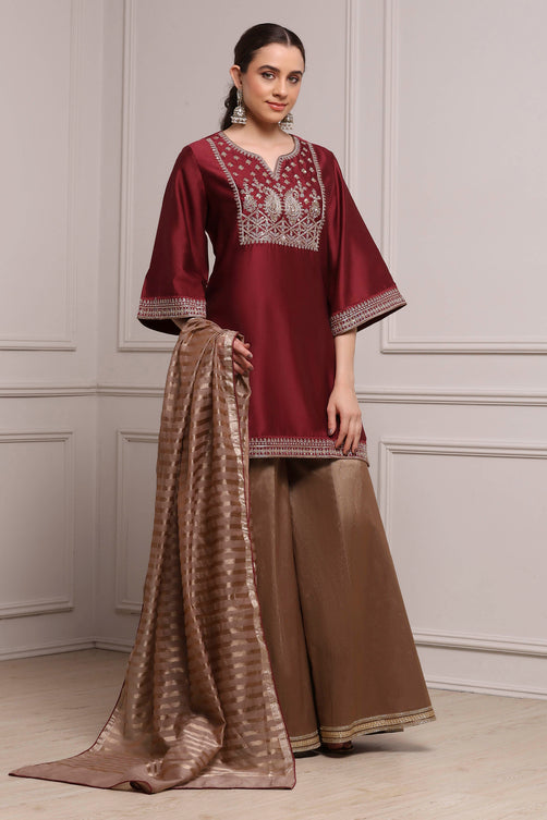 Yarn-Dyed Polyester Blend Kurta with Band Collar