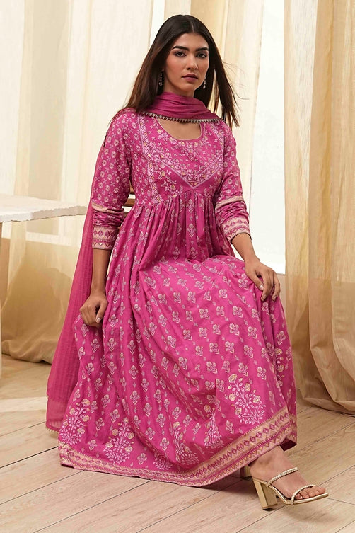 Printed Cotton Anarkali Suit Set with Dupatta