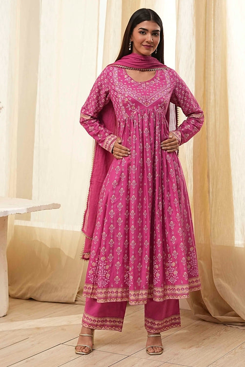 Printed Cotton Anarkali Suit Set with Dupatta