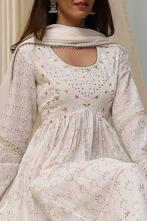 Printed Cotton Anarkali Suit Set with Dupatta