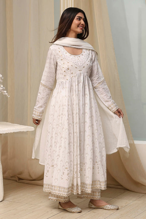 Printed Cotton Anarkali Suit Set with Dupatta