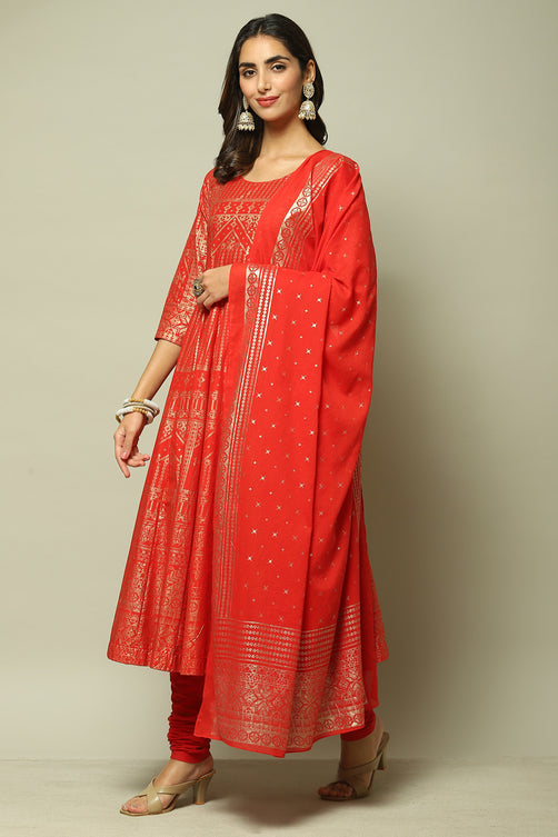 Cotton Anarkali Kurta Churidar Suit Set with Dupatta