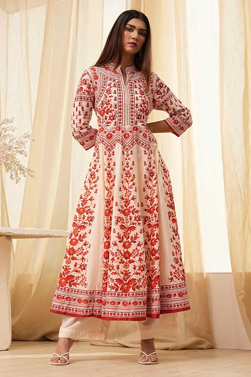 Printed Cotton Anarkali Kurta Set with Band Collar