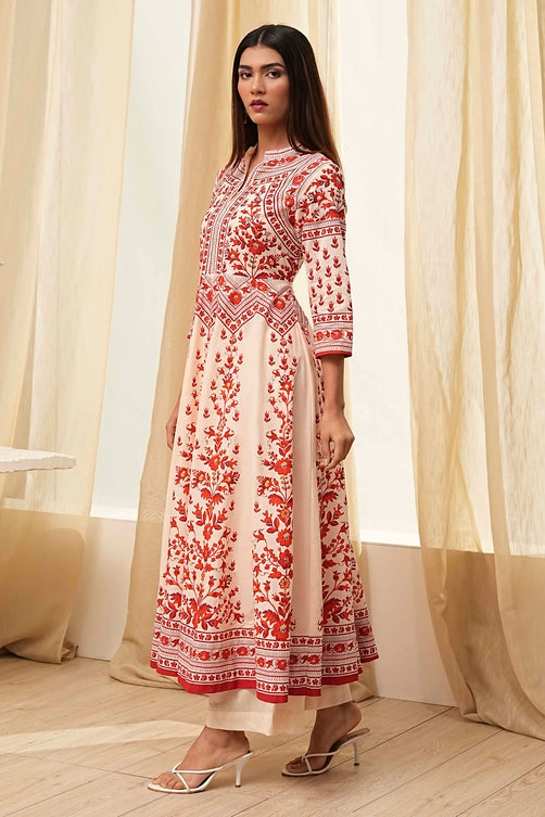 Printed Cotton Anarkali Kurta Set with Band Collar