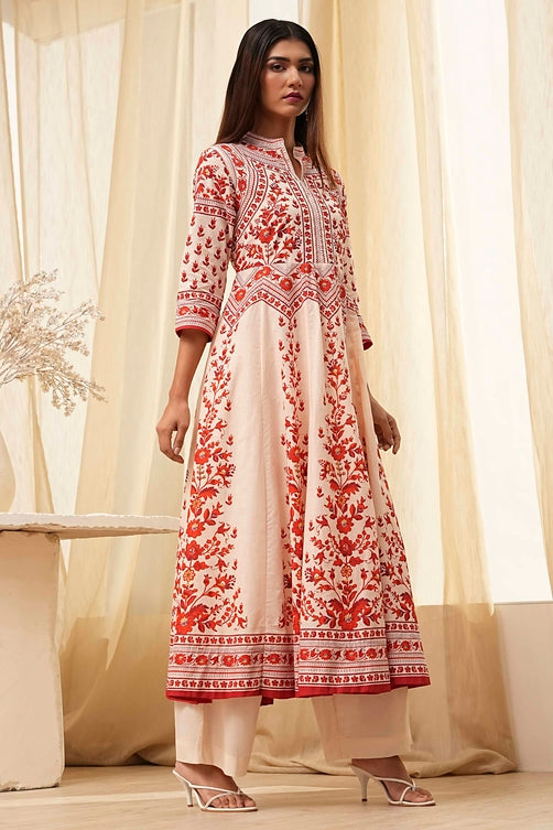 Printed Cotton Anarkali Kurta Set with Band Collar