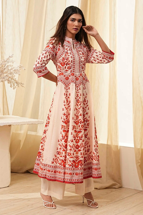 Printed Cotton Anarkali Kurta Set with Band Collar