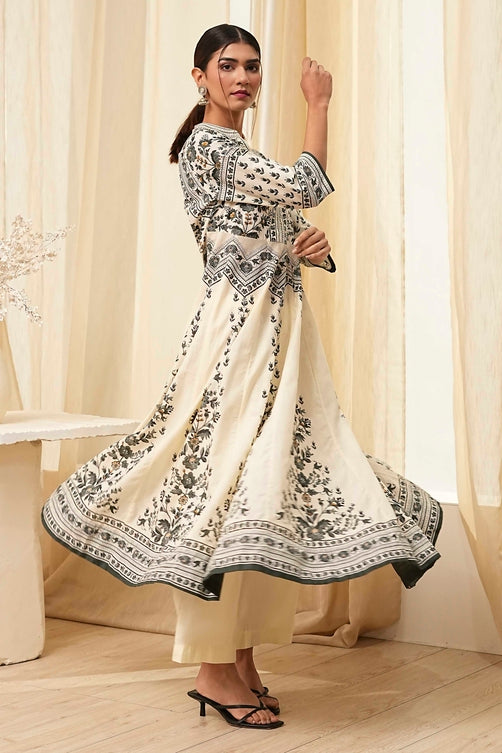 Printed Cotton Anarkali Kurta Set with Band Collar