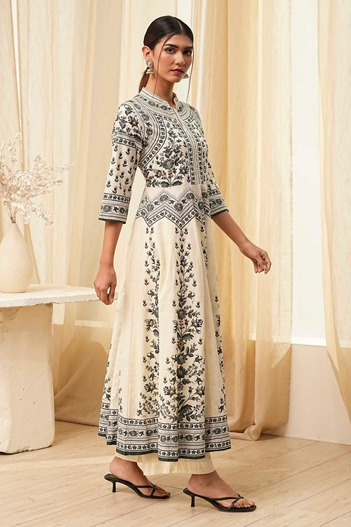 Printed Cotton Anarkali Kurta Set with Band Collar