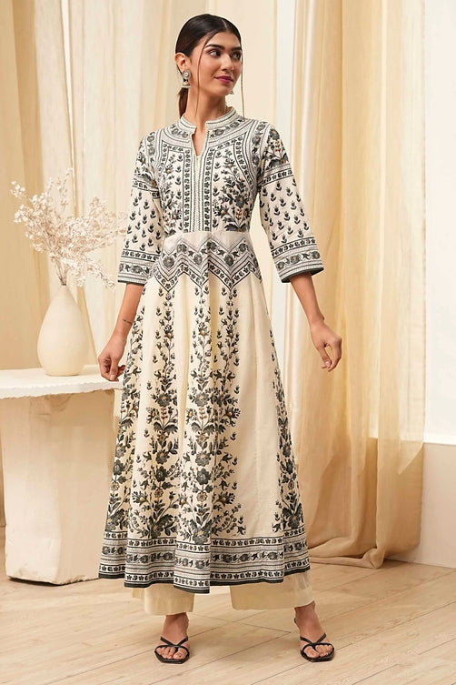 Printed Cotton Anarkali Kurta Set with Band Collar