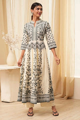 Printed Cotton Anarkali Kurta Set with Band Collar