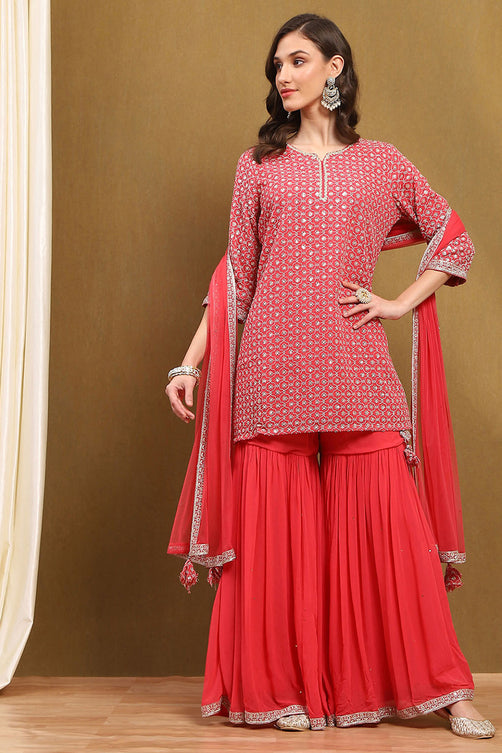 Embroidered Viscose Georgette Straight Kurta Garara Set with Nylon Net Dupatta