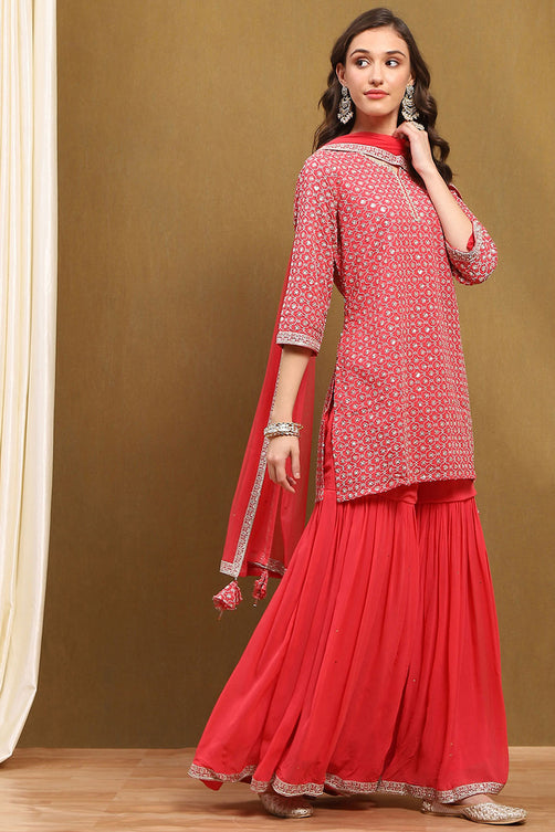 Embroidered Viscose Georgette Straight Kurta Garara Set with Nylon Net Dupatta