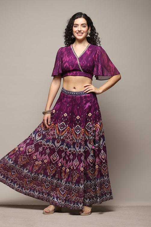 Printed Polyester Flared Kurta Skirt Set