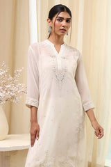 Polyester A-Line Kurta Set with Band Collar and Embroidered Bottom