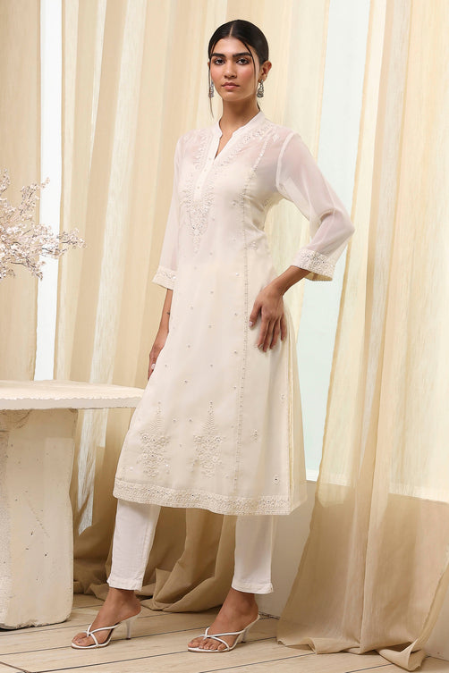 Polyester A-Line Kurta Set with Band Collar and Embroidered Bottom