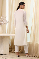 Polyester A-Line Kurta Set with Band Collar and Embroidered Bottom