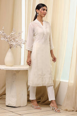 Polyester A-Line Kurta Set with Band Collar and Embroidered Bottom