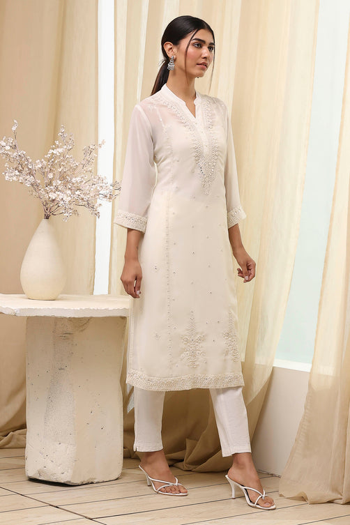 Polyester A-Line Kurta Set with Band Collar and Embroidered Bottom