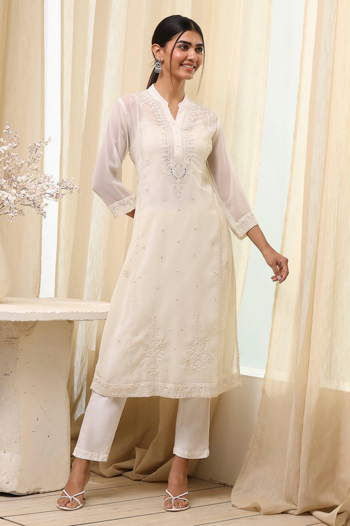 Polyester A-Line Kurta Set with Band Collar and Embroidered Bottom