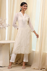 Polyester A-Line Kurta Set with Band Collar and Embroidered Bottom