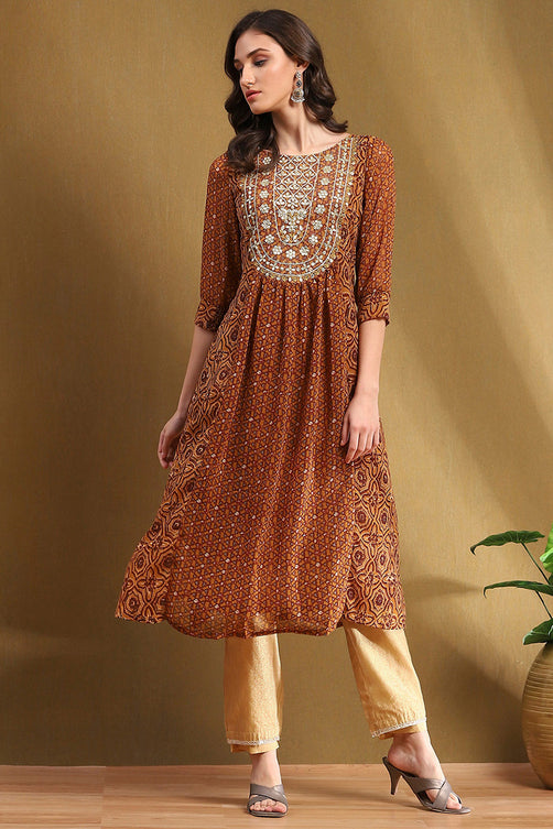 Printed Georgette Straight Kurta with Block Print - Floor Length