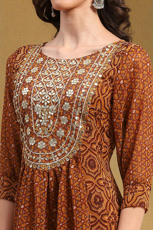 Printed Georgette Straight Kurta with Block Print - Floor Length