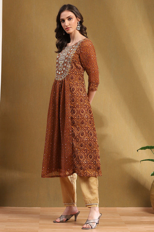 Printed Georgette Straight Kurta with Block Print - Floor Length