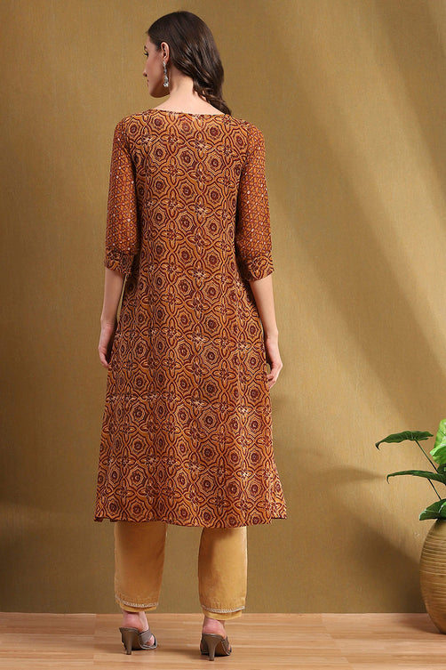 Printed Georgette Straight Kurta with Block Print - Floor Length