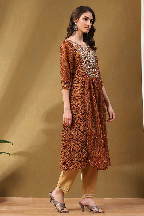 Printed Georgette Straight Kurta with Block Print - Floor Length