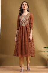 Printed Georgette Straight Kurta with Block Print - Floor Length