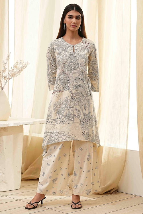 Off-White Cotton Straight Printed Kurta Set