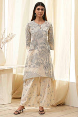 Off-White Cotton Straight Printed Kurta Set