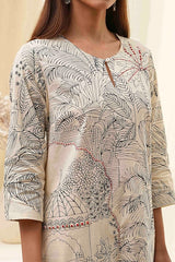 Off-White Cotton Straight Printed Kurta Set